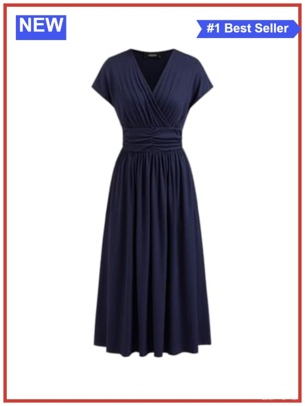 Womens V-Neck Midi Dress Wrap Ruched Short Sleeve